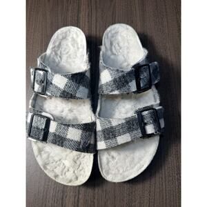 Birkenstock Women's Size 41 US10 Arizona Shearling Plaid Natural Wool White Gray